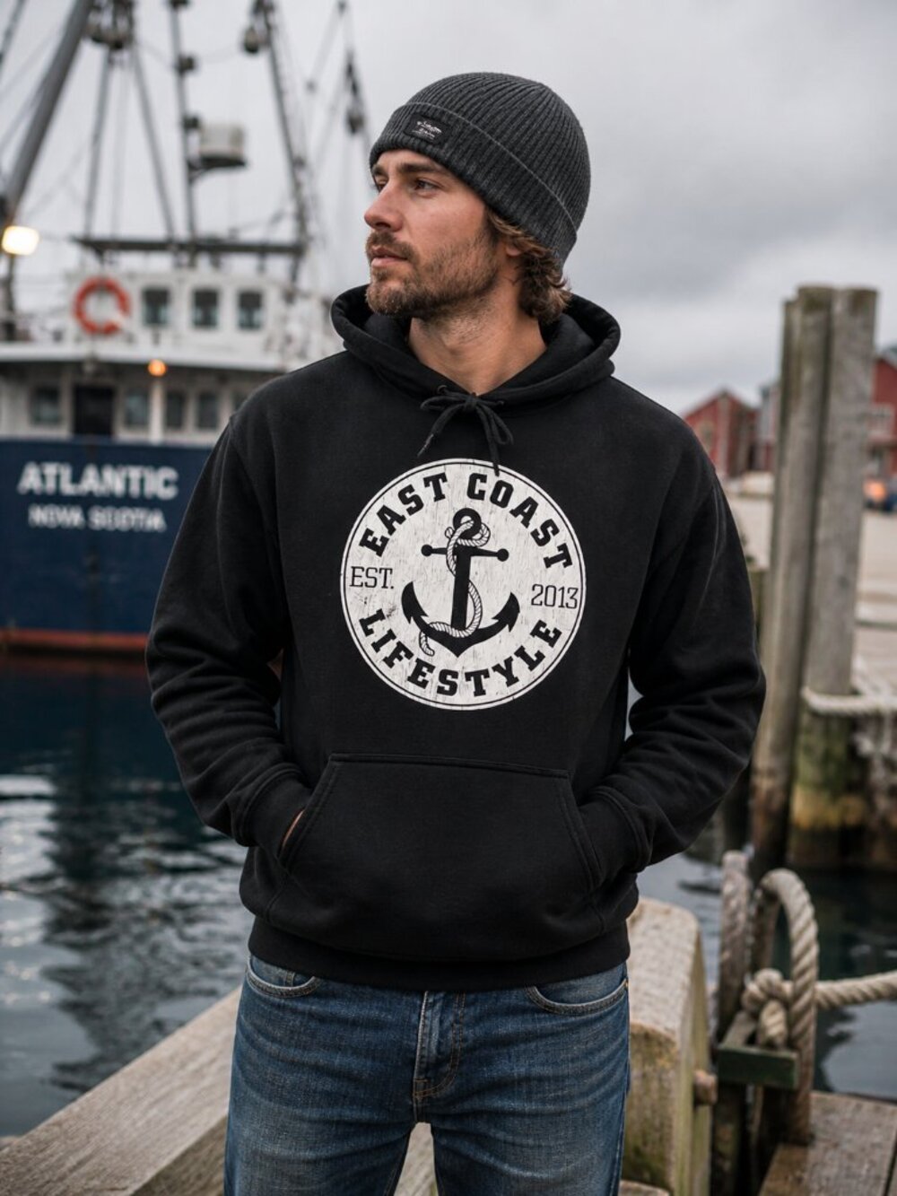 East Coast Lifestyle Hoodie L Black Anchor EST. 2013